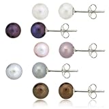 Sterling Silver 5 Pair Multi Color Freshwater Pearl White, Peacock, Pink, Grey, Chocolate Stud...