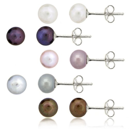 Sterling Silver Genuine Freshwater Cultured Brown, Black ,Pink, White, Gray Button Pearl 5.5-6mm Stud Earring Set