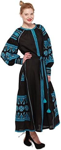 Embroidered Boho Dress Black Woman. Vyshyvanka. Ukrainian embroider Vita Kin style (X-Small)