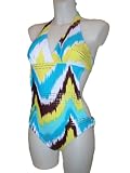 Womens MW Monokini Swimsuit, Cut Out Sides with Rings, Yellow/brown/turquoise Ziggy Print