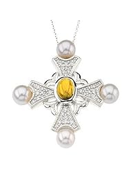 14K White Gold Citrine, Pearl and Diamond Cross Pendant -- LIFETIME WARRANTY