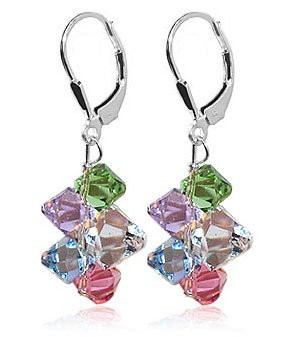 Multicolor Cluster Swarovski Crystal Sparkling Sterling Silver Leverback 1.5″ Long Dangle Earrings