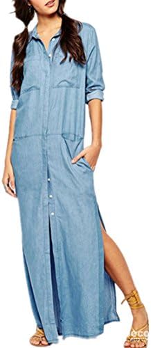 Haolicheng Women's Causal Long Sleeve Button Side Pockets Denim Dresses Blue S