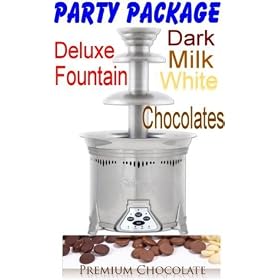 Chocolate Fountain & Fondue Party Package for graduations, weddings and party ocassions that WOW your guests. Includes: Deluxe Fountain, 4lbs Dark, 4lbs Milk & 4lbs of White Chocolate. This package is NOT available in stores. Limited Quantities