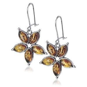 Alluring Amber Flower Sterling Silver Ear Wiredrop Earrings