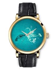 SPRAWL Aanalog Fashion Series Gold Ladies Watches of Genuine Black Leather Strap,Unique Wrist Watch for Women Girls Designed with Weapon of flowers blue cyan background