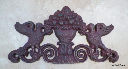 Cast Iron Bird Wall Plaque Picture Topper Burgundy Dove Floral Urn Decor Fruit
