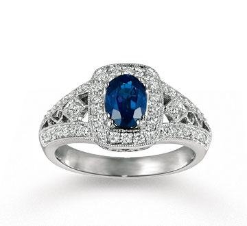 14k White Gold Oval Blue Sapphire Filigree Diamond Ring