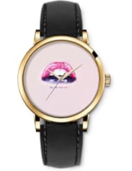 SPRAWL Aanalog Fashion Series Gold Ladies Watches of Genuine Black Leather Strap,Unique Wrist Watch for Women Girls Designed with Sexy lips