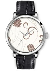SPRAWL Aanalog Fashion Series Silver Ladies Watches of Genuine Black Leather Strap,Unique Wrist Watch for Women Girls Designed with Flores coffee on white background