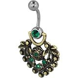 Pugster Gold Green Heart Dangle Birthstones Gem Belly Button Ring Navel Piercing Bar Body Jewelry