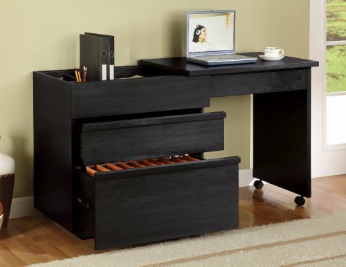 Slide Out Desk with File Cabinet in Black Finish