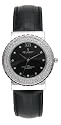 Peugeot Ladies Black Genuine Leather Strap Watch with a Round Swarovski Crystal Encrusted Bezel and a Round Black Dial