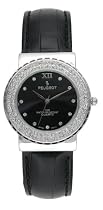 Peugeot Ladies Black Genuine Leather Strap Watch with a Round Swarovski Crystal Encrusted Bezel and a Round Black Dial