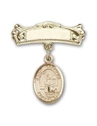 14K Gold Baby Badge with St. Germaine Cousin Charm and Arched Polished Badge Pin