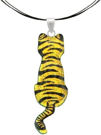 Sterling Silver Dichroic Yellow Cat Pendant Necklace on Stainless Steel Wire- 18"