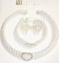 Three Strand White Simulated Pearl and Crystals Choker Necklace with Matching Earrings on Clips and Bracelet