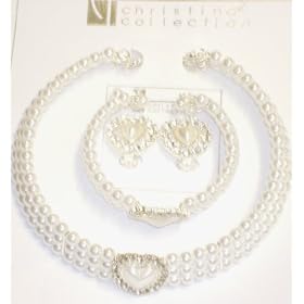 Three Strand White Simulated Pearl and Crystals Choker Necklace with Matching Earrings on Clips and...