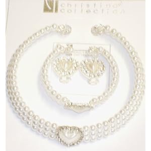 Click here to buy Three Strand White Simulated Pearl and Crystals Choker Necklace with Matching Earrings on Clips and... by Gita.