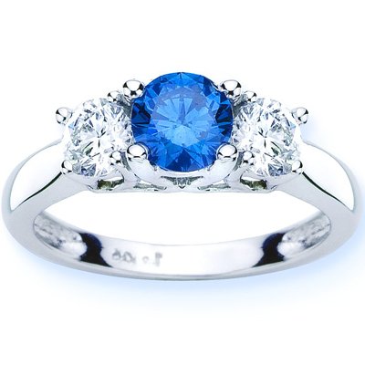 14K White Gold Round 3 Stone Blue Diamond & White Diamond Ring (1.50 ctw)