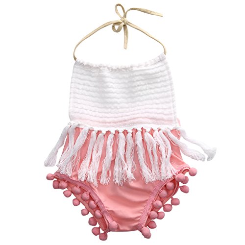 Baby Girls Halter Backless Splice Tassels Pompom Bodysuit
