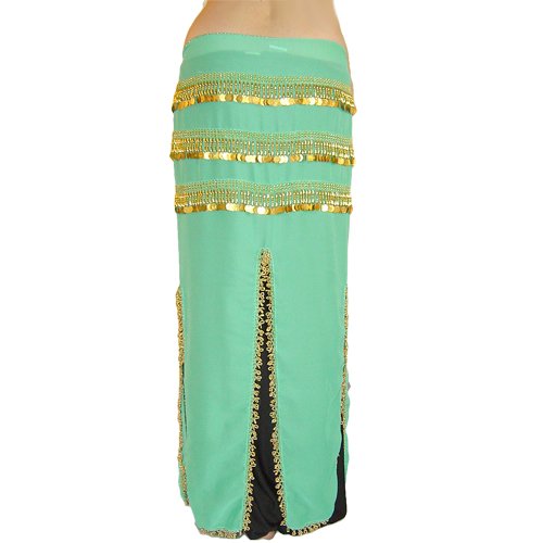 Long Turquoise Hip Scarf Skirt with Gold Coins and Gold Beads