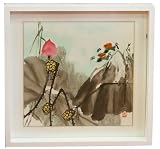 Birds and Lotus Flower, Chinese Watercolor Brush Painting - Framed Sumi-e Art