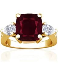 18K Yellow Gold Cushion Cut Ruby Three Stone Ring