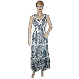 Womens Bohemian White Blue Printed Dress U-neckline with Lace Edging CLOSEOUT Sale