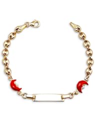14k Yellow Gold Red Moon Charm Child ID Chain Bracelet