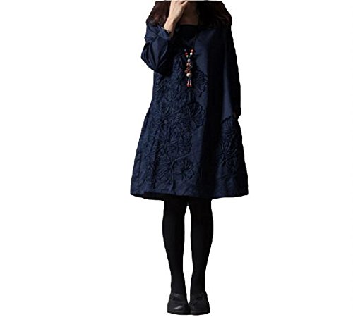 ワンピース Aライン 長袖 ラウンドネック レディース S M L XL 2XL 紺 桃 臙脂 水色 綿 麻 膝丈 ゆったり ナチュラル ふんわり 大きいサイズ 秋 冬