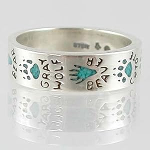 Southwestern Style Multi Animal Track/Footprint Band Ring in Sterling Silver with Turquoise Inlays for Men or Women, Sizes 5, 6, 7, 8, 9, 10, 11, 12, 13, 14, and 15, #11873