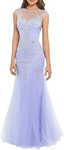 LucysProm Women's Prom Dresses Mermaid Scoop Beaded Bodice Tulle Dresses Size 4 US Lilac
