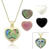 Vermeil (24k Gold over Sterling Silver) Genuine Pink Mother of Pearl, Gray Mother of Pearl, Onyx, Mother Of Pearl, Abalone 5 Stone Heart Filigree Reversible Pendant Jewelry Set Valentines Day