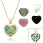 Vermeil (24k Gold over Sterling Silver) Genuine Pink Mother of Pearl, Gray Mother of Pearl, Onyx, Mother Of Pearl, & Abalone 5 Stone Heart Filigree Reversible Pendant Jewelry Set Valentines Day