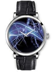 SPRAWL Aanalog Fashion Series Silver Ladies Watches of Genuine Black Leather Strap,Unique Wrist Watch for Women Girls Designed with Dark lines and bubbles background