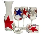 ArtisanStreet's Red, White & Blue Wine Glass & Carafe Set. Hand Painted 5-piece Set of Four Goblets and Carafe. Features Colorful Stars. Made to Order. Signed by Artisan