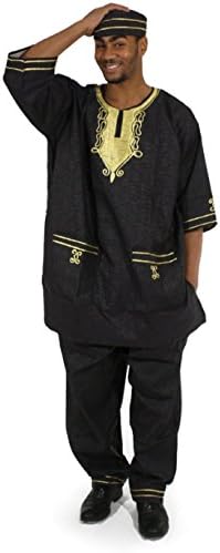 African Mens Dashiki Pant Suit, One Size, Many Colors (Black)