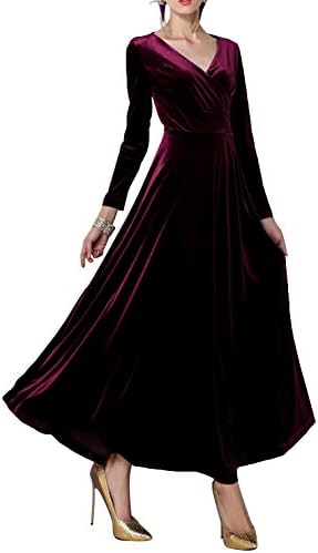 YBZ Women Vintage V-Neck Waisted Long Sleeve Long Evening Dress Wine Red XL