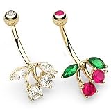 14K Cherry Belly Ring with Red Gem Ball - 14G - 3/8" Length - 1.5 Grams - Sold Individually