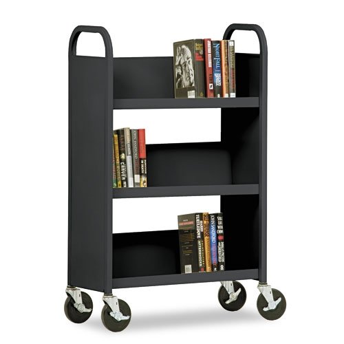 Three Shelf Single-Sided Sloped Shelf Book Cart, 27 x 14 x 43, Black