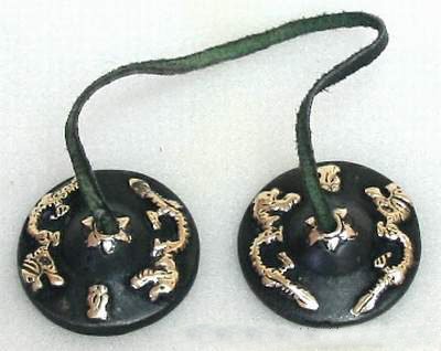 MusicalInstruments: Tingsha, black and gold embossed, dragon