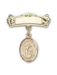 14K Gold Baby Badge with St. Kenneth Charm and Arched Polished Badge Pin