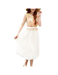 Floral Print Summer Chiffon Elasticized   Waistline Round Neck  Dress