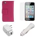 GTMax White USB Car Charger + White USB Home Travel Charger + Hot Pink Wallet Leather Case + LCD Screen Protector for Apple iPod Touch 4th Generation