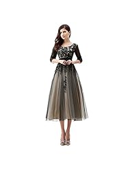 Satin/Tulle Applique Lace-Up Draped Backless Jeweled Sheer Tea Length Scoop Neck Mother-of-the-Bride Dress 