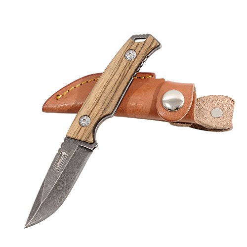 Coleman Fixed Blade Hunting Knife, with Zebra Wood Handle and Leather Sheath, 6 Inch Overall - CM2001