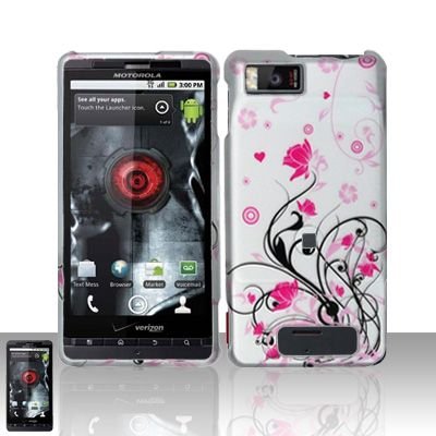 SILVER & PINK FLOWERS Hard Rubber Feel Plastic Design Cover Case for Motorola Droid X MB810 + Screen Protector