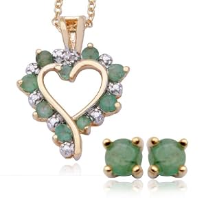 Buy 18kpl Genuine Emerald and Diamond Accent Heart Pendant on 18 Chain and Earring Set by Aesthetic Jewels