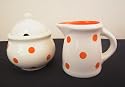 Ronnie's Terramoto Ceramic, Cream & Sugar Set, Orange Polka Dots on White Base